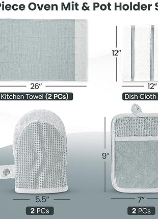 Casa Platino 8-Piece Mini Oven Mitt & Pot Holder Set – 500°F Heat Resistant with Silicone Grip, Includes 2 Kitchen Towels & 2 Dish Cloths for Drying – Non-Slip, Durable, Machine Washable – Grey