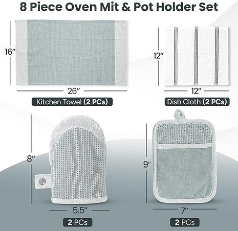 Casa Platino 8-Piece Mini Oven Mitt & Pot Holder Set – 500°F Heat Resistant with Silicone Grip, Includes 2 Kitchen Towels & 2 Dish Cloths for Drying – Non-Slip, Durable, Machine Washable – Grey