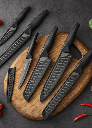 Wanbasion Black Professional Kitchen Knife Chef Set, Stainless Steel, Dishwasher Safe with Sheathes