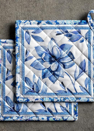 Maison d' Hermine Pot Holders Set 100% Cotton Heat Resistant Potholders 8" x 8" Hot Pads with Loop BBQ, Cooking, Baking, Grilling, Kitchen, Handling Hot Pans Spring/Summer (Pack of 2, Summer Blues)