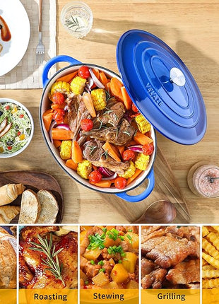 Velaze 7.5 QT Enameled Oval Dutch Oven Pot with Lid, Cast Iron Dutch Oven with Dual Handles for Bread Baking, Cooking, Frying, Non-stick Enamel Coated Cookware（Blue)