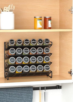 SpaceAid Spice Rack Organizer with 24 Spice Jars, 386 Spice Labels, Chalk Marker and Funnel Set for Cabinet, Countertop, Pantry, Cupboard or Door & Wall Mount -24 Jars, 11.8" W × 10.8" H, Black