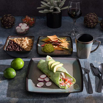 Gibson Elite Tequesta Square Reactive Glaze Stoneware Plates and Bowls Dishes Dinnerware Set, Service for 4 (16pcs), Taupe