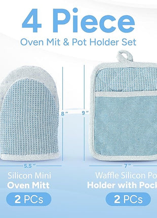 Casa Platino BBQ Gloves & Potholders Set, 4Pc Kitchen Mitts for Oven & Baking, Pot Holder for Hot Pots & Dishes – Heat Resistant Up to 500°F, Non-Slip & Machine Washable – Cornflower