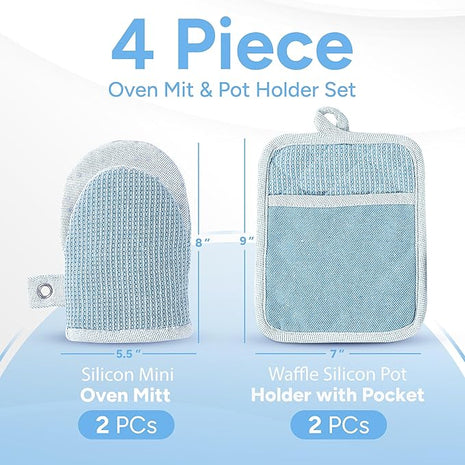 Casa Platino BBQ Gloves & Potholders Set, 4Pc Kitchen Mitts for Oven & Baking, Pot Holder for Hot Pots & Dishes – Heat Resistant Up to 500°F, Non-Slip & Machine Washable – Cornflower