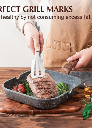 SENSARTE Nonstick Grill Pan for Stove Tops, Versatile Griddle Pan with Pour Spouts, Square Grill Pan for Big Cooking Surface, Durable Grill Skillet for Indoor & Outdoor Grilling. PFOA Free, 11 Inch