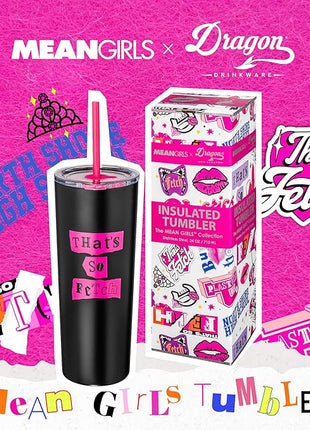 Dragon Glassware x Mean Girls Vacuum Insulated Tumbler with Lid and Straw - 24 oz Tumbler Cup with 2 Straws - Stainless Steel Tumbler with Straw for Water, Iced Tea - That's So Fetch