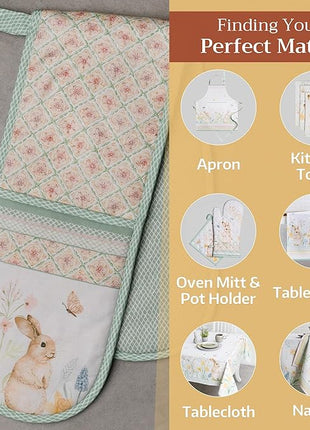 Maison d' Hermine Double Oven Mitts 100% Cotton 7"x35" Double Oven Mitt Heat Resistant BBQ Cooking Gloves with Loop, Baking, Grilling, Home, Kitchen, Handling Hot Pans Spring Summer (Easter Dew)