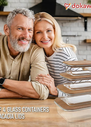 Glass Tupperware Set with Acacia Lids - 4 Stackable Meal Prep Containers. Durable heat resistant Inert Borosilicate Glass