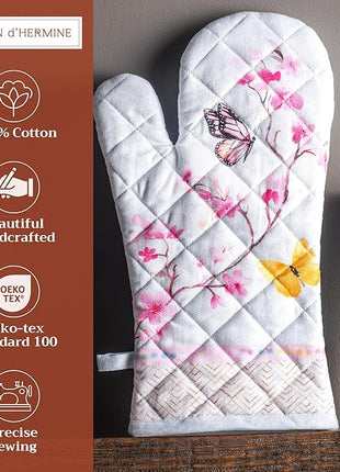 Maison d' Hermine Oven Gloves 100% Cotton Oven Mitt 7" x 13" with Loop Heat Resistant, BBQ, Cooking Gloves, Baking, Grilling, Kitchen, Handling Hot Pans Spring/Summer (Pack of 1, Blossoms in Spring)