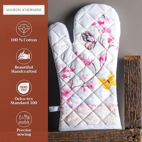 Maison d' Hermine Oven Gloves 100% Cotton Oven Mitt 7" x 13" with Loop Heat Resistant, BBQ, Cooking Gloves, Baking, Grilling, Kitchen, Handling Hot Pans Spring/Summer (Pack of 1, Blossoms in Spring)