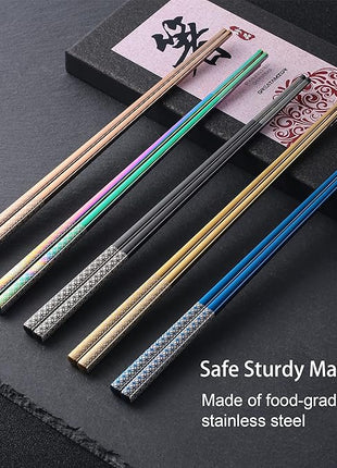 Metal Chopsticks Reusable Multicolor Stainless Steel Chopsticks Dishwasher Safe Chop Sticks Laser Engraved Copper Coin Pattern Square Non-slip, 9 1/4 Inches 5 Pairs Gift Set