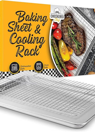 Checkered Chef Quarter Sheet Pan with Wire Rack for Cooking - 1/4 Sheet Pan, 13" x 9.5" Aluminum Cookie Sheets and Stainless Steel Cooling Rack for Baking