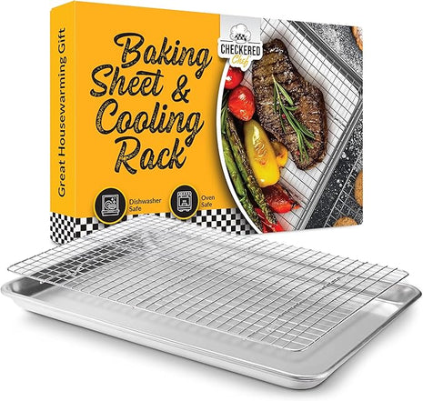 Checkered Chef Quarter Sheet Pan with Wire Rack for Cooking - 1/4 Sheet Pan, 13" x 9.5" Aluminum Cookie Sheets and Stainless Steel Cooling Rack for Baking