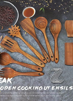Teak Wooden Spoons for Cooking - 9 Pcs Comfort Grip Kitchen Utensil Set with Holder & Rest