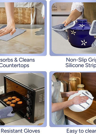 Casa Platino Mini Oven Mitts Set, 8-Piece – 500°F Heat Resistant Silicone Oven Mitts, Potholders for Kitchens, 2 Kitchen Towels & 2 Dish Cloths – Non-Slip & Durable – Indigo