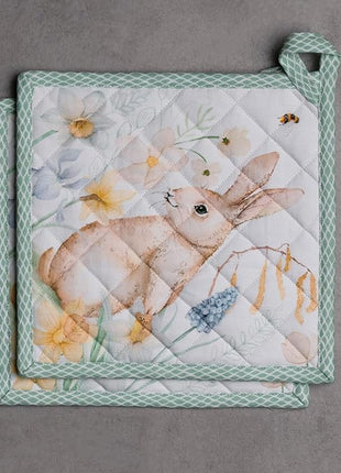 Maison d' Hermine Pot Holders Set 100% Cotton Heat Resistant Potholders 8" x 8" Hot Pads with Loop BBQ, Cooking, Baking, Grilling, Kitchen, Handling Hot Pans Spring/Summer (Pack of 2, Easter Dew)