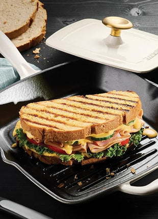 Tramontina Bestow Enameled Cast Iron Grill Pan with Press, 11-inch, Latte with Gold Knob