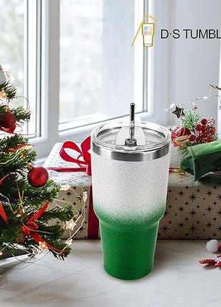 D·S 30 oz Tumbler Christmas Green Glitter Gradient Cup Stainless Steel Double Wall Vacuum Insulated Mug with Straw and Lid, Cleaning Brush for Cold and Hot Beverages