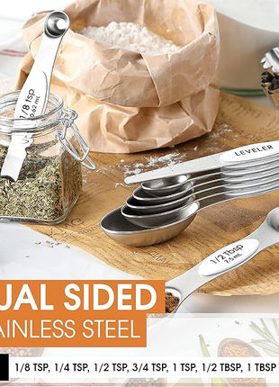 Spring Chef White Stainless Steel Magnetic Measuring Spoons Set of 8 with Leveler, Dual Sided Metal Teaspoon & Tablespoon Measuring Spoons, Fits in Spice Jars, Kitchen Gadgets for Baking & Cooking