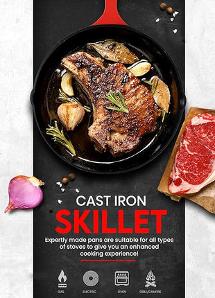 Utopia Kitchen Cast iron Skillets 3 Piece Set,Chefs Pan, Pre Seasoned Cast iron Skillets, 6, 8 & 10 Inches, Easy Use in the Oven, Stove, Grill, or Campfire, Red
