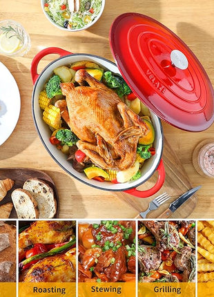 Velaze 7.5 QT Enameled Oval Dutch Oven Pot with Lid, Cast Iron Dutch Oven with Dual Handles for Bread Baking, Cooking, Frying, Non-stick Enamel Coated Cookware (RED)