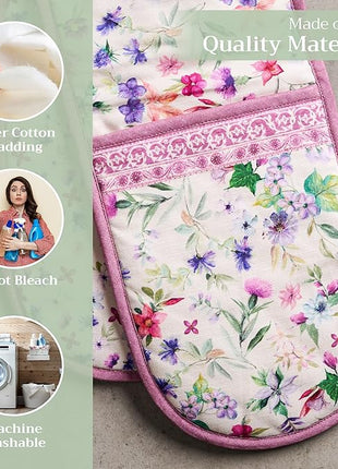 Maison d' Hermine Double Oven Mitts 100% Cotton 7"x35" Double Oven Mitt Heat Resistant BBQ Cooking Gloves with Loop, Baking, Grilling, Home, Kitchen, Handling Hot Pans Spring Summer (Chardon)