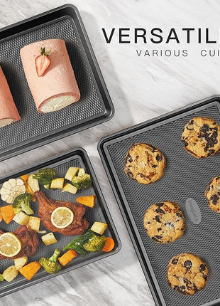 Cookie Sheets for Baking Nonstick - HONGBAKE Baking Sheet Pan Set of 3, Half/Quarter/Jelly Roll Pan for Oven with Diamond Texture Pattern, 57% Thicker Carbon Steel Cookie Trays, Dark Grey