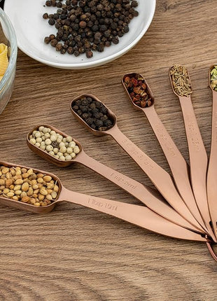 Accurate 18/8 Stainless Steel Measuring Spoons, Heavy Duty Good Handle Set of 6 Measuring Spoon with Ring Connector, Rose Gold