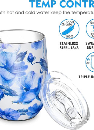 THILY Stainless Steel Insulated Wine Tumbler Stemless Wine Glass with Sliding Lid and Straw, Cute Travel Cup Keep Coffee and Cocktails Cold, Gifts for Women, Her, Iridaceae