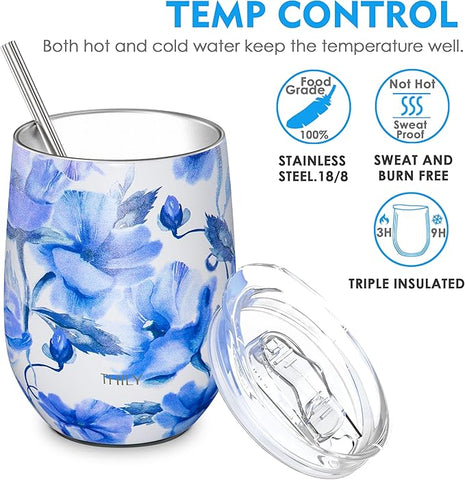 THILY Stainless Steel Insulated Wine Tumbler Stemless Wine Glass with Sliding Lid and Straw, Cute Travel Cup Keep Coffee and Cocktails Cold, Gifts for Women, Her, Iridaceae