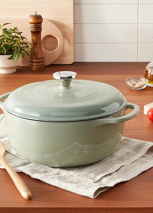 Lodge 6 Quart Enameled Cast Iron Dutch Oven with Lid – Dual Handles – Oven Safe up to 500° F or on Stovetop - Use to Marinate, Cook, Bake, Refrigerate and Serve – Desert Sage