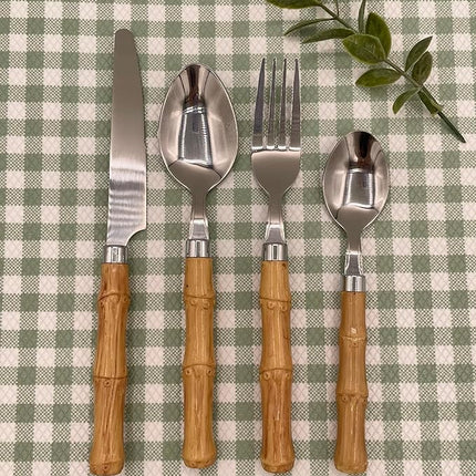 The Original Brink House Beyond Bamboo Stainless Steel Cutlery Set with Naturalistic Bamboo Handles / 16 pieces with Metal Stand, Lifestyle utensils set for home, first apartment, dorm, outdoor events