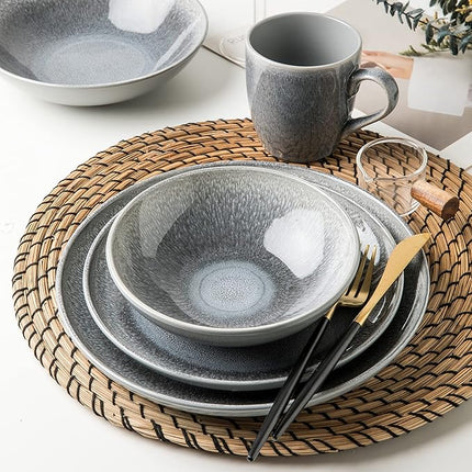 FAIT Round Stoneware 16pc Dinnerware Set for 4, Dinner Plates, Side Plates, Cereal Bowls, Mugs - Reactive Glaze Grey (448158)