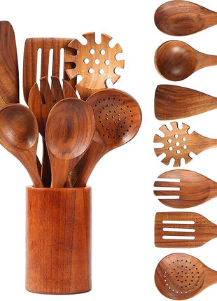 Wooden Kitchen Cooking Utensils, NAYAHOSE 8 Pcs Natural Teak Wooden Spoons Spatulas and Wooden Storage Barrel for Non-stick Pan