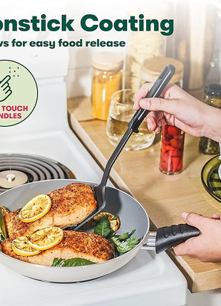 BELLA Cookware Set, 12 Piece Pots and Pans with Utensils, Nonstick PFOA Free Scratch Resistant Cooking Surface Compatible with All Stoves, Nylon and Aluminum, Red