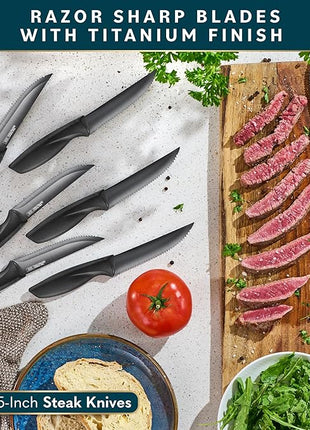 Home Hero Kitchen Knife Set - Wooden Knife Block Organizer - High Carbon Stainless Steel Blades - Ergonomic Handles with Built-In Sharpener & Kitchen Scissors - 16-Pc, Black