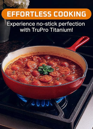 Bruntmor Set of 3 Enameled Cast Iron Skillets - Includes 8, 10, and 12 Inch Cast Iron Pan with Ceramic Nonstick Coating and Tempered Glass Lid - Durable Cookware for Frying, Baking, and Grilling - Red