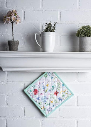 Maison d' Hermine Pot Holders Set 100% Cotton Heat Resistant Potholders 8" x 8" Hot Pads with Loop BBQ, Cooking, Baking, Grilling, Kitchen, Handling Hot Pans Spring/Summer (Pack of 2, Just Floral)