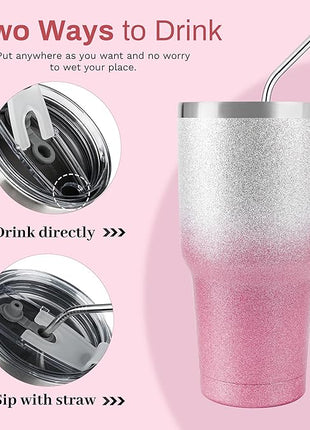 D·S 30 oz Tumbler Pink Glitter Gradient Cup Stainless Steel Double Wall Vacuum Insulated Mug with Straw and Lid, Cleaning Brush for Cold and Hot Beverages