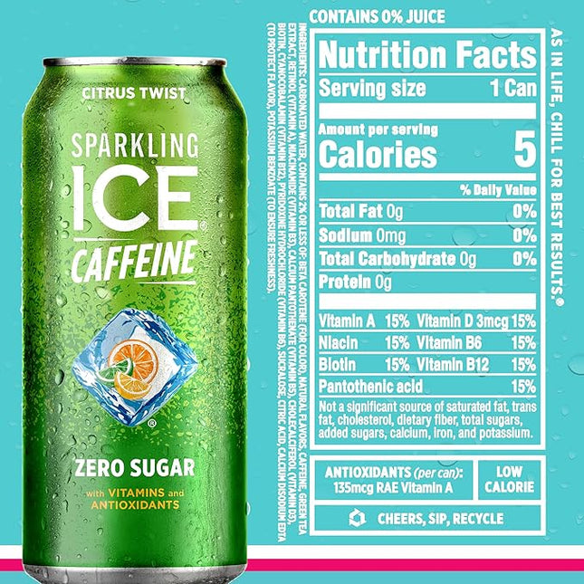 Sparkling Ice Caffeine Variety Pack, Flavored Sparkling Water, Zero Sugar, with Vitamins and Antioxidants, 16 fl oz, 12 count (Citrus Twist, Black Raspberry, Blue Raspberry, Strawberry Citrus)