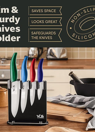 Vos Ceramic Knife Set with Block, Ceramic Knives Set For Kitchen, Ultra Sharp Kitchen Knife Set with Covers, 3" 4" 5" 6" Chef Knife, Utility, Paring & versatile, Light & Dishwasher safe (Multi-Color)