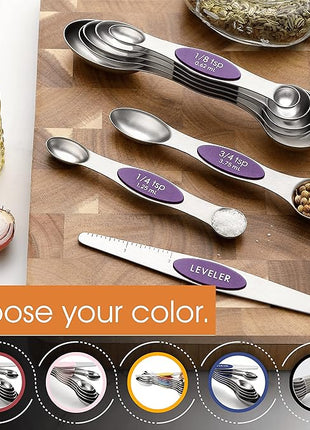 Spring Chef Purple Stainless Steel Magnetic Measuring Spoons Set of 8 with Leveler, Dual Sided Metal Teaspoon & Tablespoon Measuring Spoons, Kitchen Gadgets for Baking & Cooking, Fits in Spice Jars