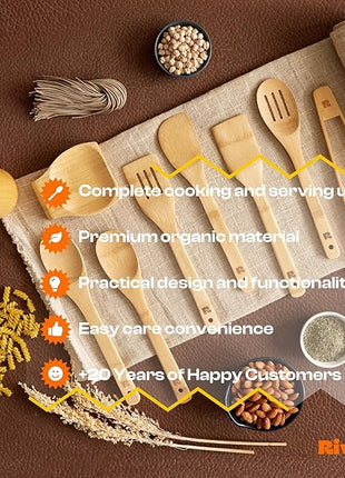Riveira Bamboo Wooden Spoons for Cooking 9-Piece with Holder, Apartment Essentials Wood Spatula Spoon Nonstick Kitchen Utensil Set Premium Quality Housewarming Gifts for Everyday Use