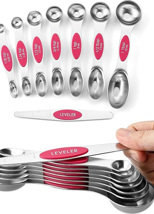 Spring Chef Magnetic Measuring Spoons Set, Dual Sided, Stainless Steel, Fits in Spice Jars, Pink, Set of 8, 2 Pack