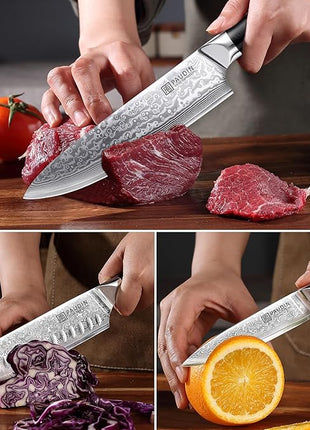 PAUDIN Damascus Knife Set 3 PCS, Japanese VG10 Steel Core, Ultra Sharp Chef Knife Set, Full Tang G10 Handle, Damascus Kitchen Knives