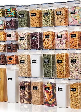 Vtopmart 32pcs Airtight Food Storage Containers Set, BPA Free Plastic Kitchen and Pantry Organization Canisters with Lids for Cereal, Dry Food, Flour and Sugar, Includes 32 Labels