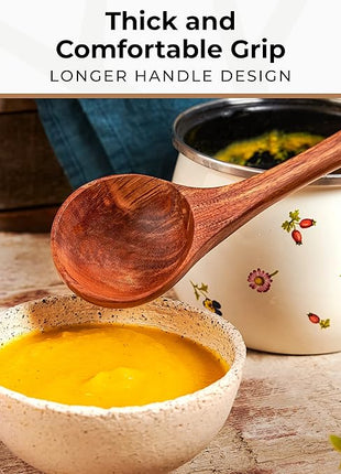 Wooden Ladle for Cooking, Soup Spoon Ladle – Teak Wooden Serving Spoon, 12.4″ Handle, Medium Scoop Size 2 oz – Eco Friendly, Natural and Sustainable