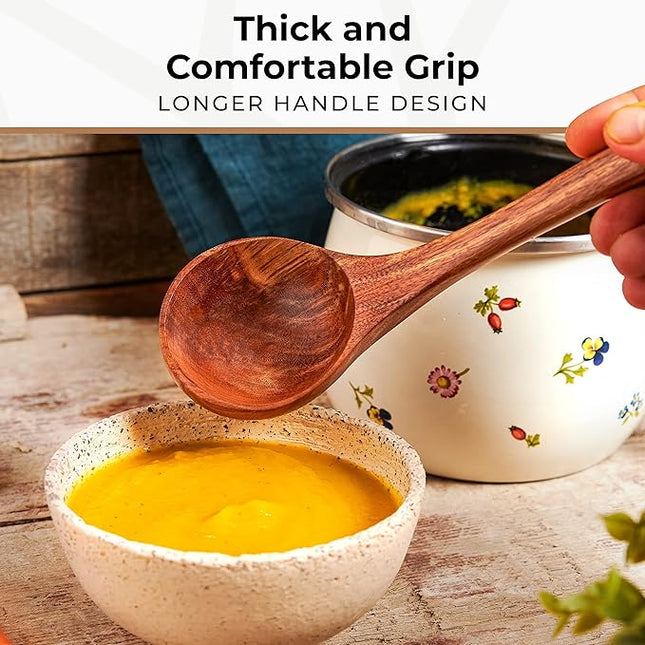 Wooden Ladle for Cooking, Soup Spoon Ladle – Teak Wooden Serving Spoon, 12.4″ Handle, Medium Scoop Size 2 oz – Eco Friendly, Natural and Sustainable
