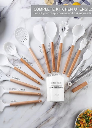 Country Kitchen Non Stick Silicone Utensil Set with Rounded Wood Handles for Cooking and Baking, 14 Piece Set, White